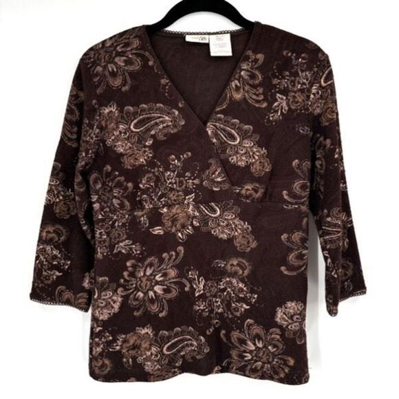 Vintage Y2K East Fifth Textured Brown Paisley & Floral Baby Doll Small Top - Picture 1 of 9
